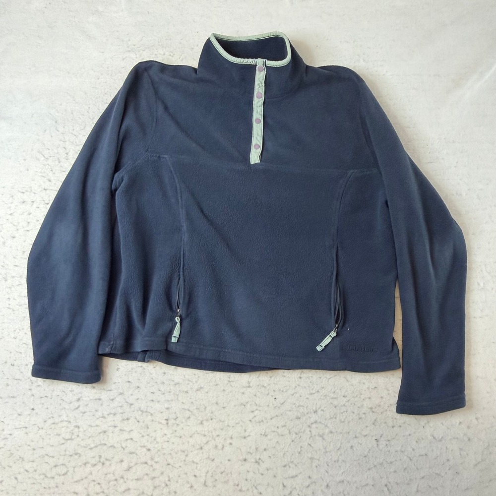 LL Bean Fleece Pullover Womens XL Navy Blue Snap Neck Long Sleeve Pocket